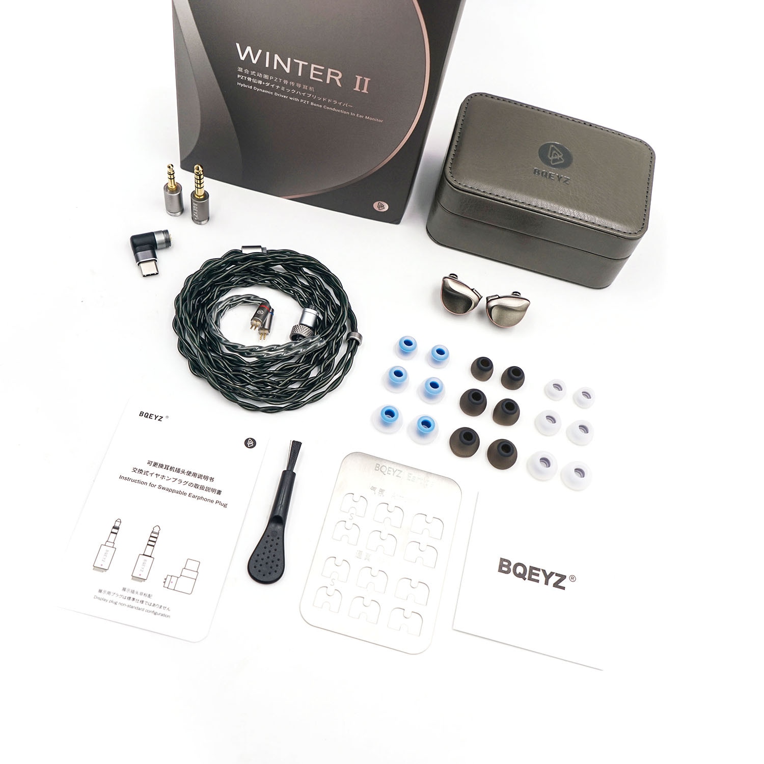 Casti cu fir BQEYZ Winter2 HiFi 3.5&4.4&typec IEM neted pe trei benzi, conductie osoasa, tehnologie hibrida monitorizare, sunet echilibrat si bland, pentru jocuri cu fir, gri