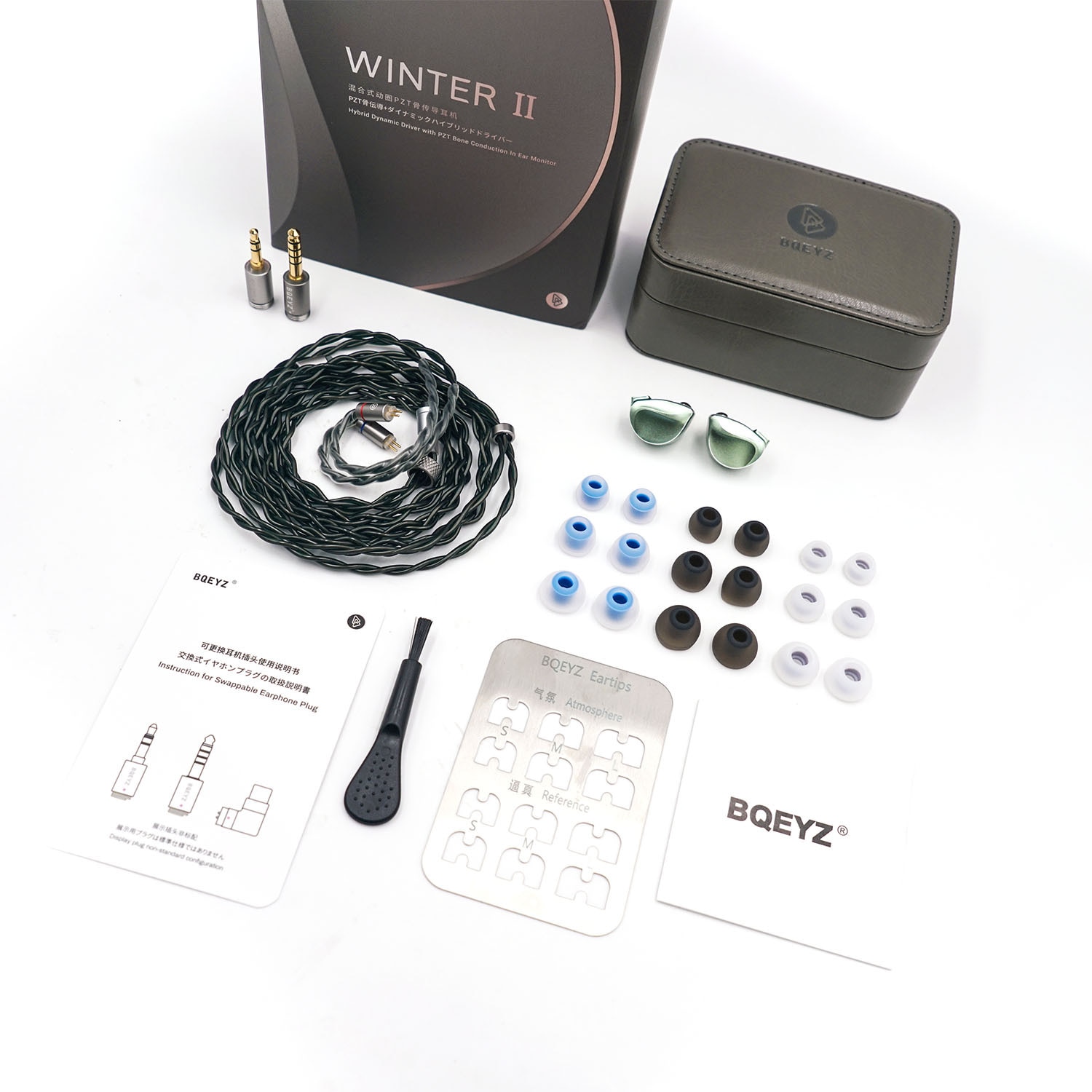 Casti cu fir BQEYZ Winter2 HiFi IEM neted pe trei benzi, conductie osoasa, tehnologie hibrida monitorizare, sunet echilibrat si bland, anulare fizica a zgomotului, OFC, pentru jocuri cu fir，verde