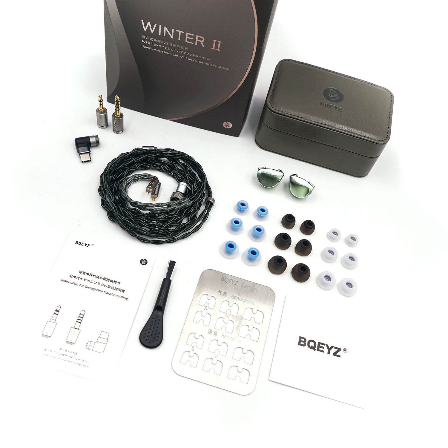 Casti cu fir BQEYZ Winter2 HiFi IEM neted pe trei benzi, conductie osoasa, tehnologie hibrida monitorizare, sunet echilibrat si bland, anulare fizica a zgomotului, OFC, pentru jocuri cu fir，verde