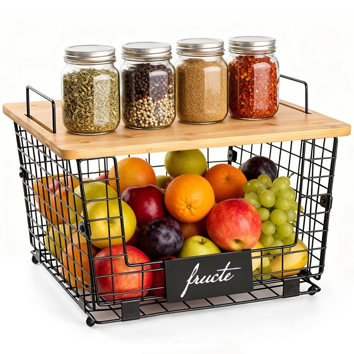 Cos pentru Fructe si legume, Ultrixe, servire, decor, Metal, folosit pentru fructe, gustari, cani, articole diverse, Cu masuta laterala din lemn, 38*32*6cm, Negru