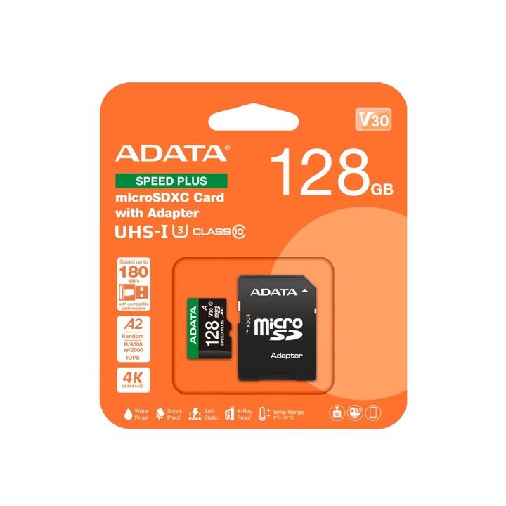 Carda de memorie microSDXC 128GB A-Data Class 10 UHS-I U3 V30 cu adaptor