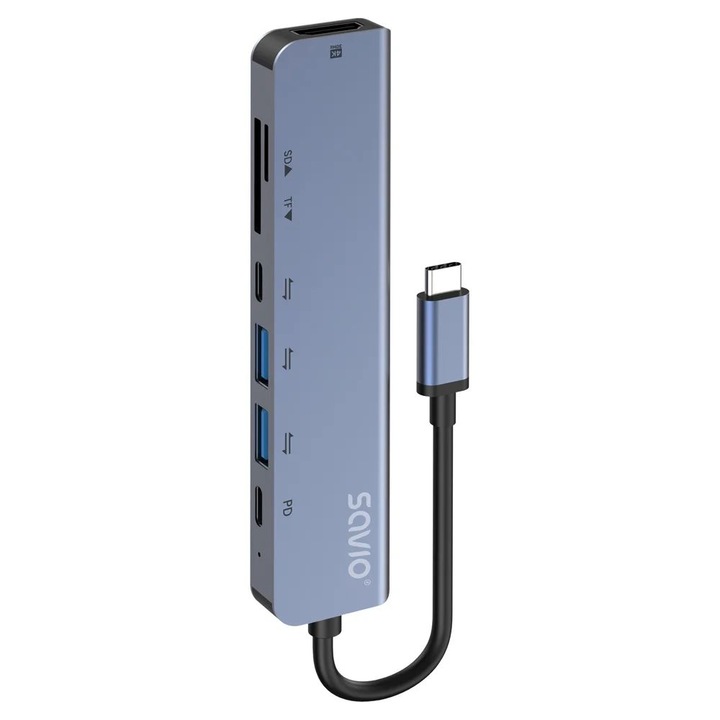 Hub USB-C 7 in 1 Savio, 2xUSB-A, 2xUSB-C, 1xHDMI, negru