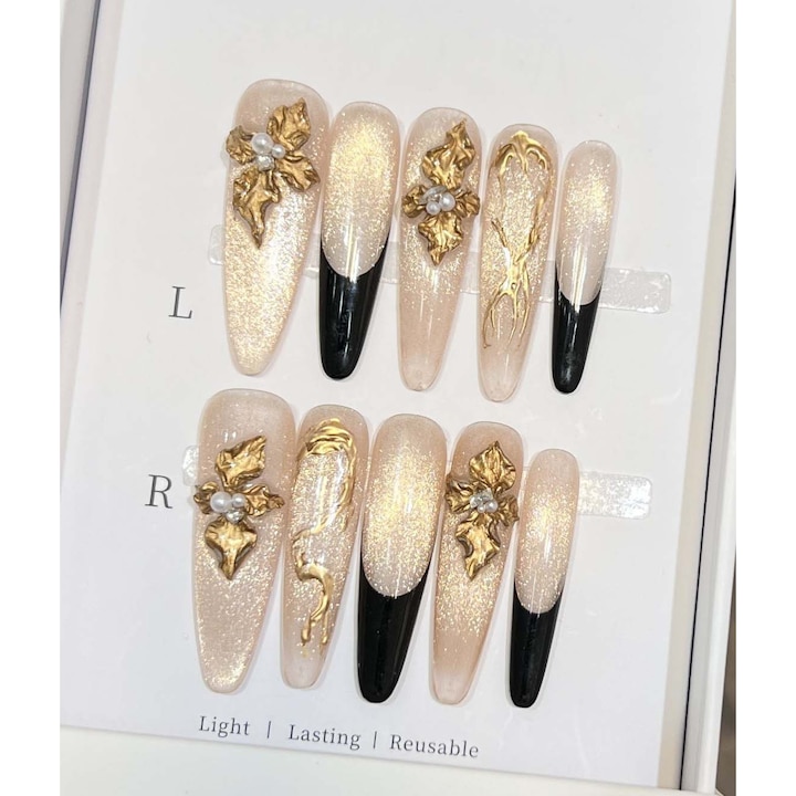 Szett 10 darab TodyJeyHo Obsidian Starlight műköröm, Fekete Csillogó Design, Újrafelhasználható, Komplett Készlettel