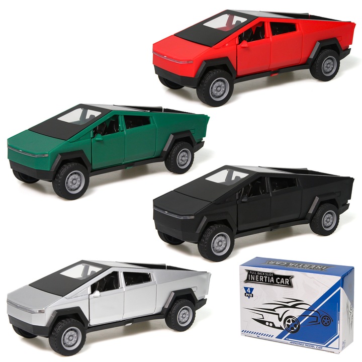 Set 4 Masinute Pickup din aliaj, rosu/verde/negru/silver, cu usi mobile si pat de descarcare, 5.5 inch