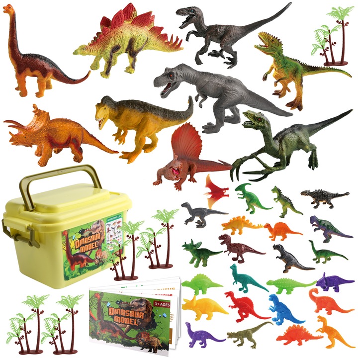Set de 36 de Figurine Realiste cu Dinozauri cu Cutie de Depozitare, Set Educativ de Joc Lumea Dinozaurilor cu T-Rex Moale si Oua pentru Copii de 3-5+ Ani, Cadou Ideal de Zi de Nastere pentru Baieti