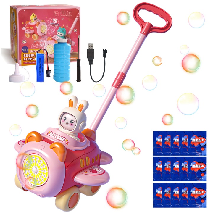 Masina de bule avion roz set cu lichid si accesorii 20x23x21cm