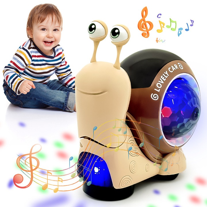 Jucarie interactiva pentru bebelusi, Melc electric educativa pentru copii cu Functia de deplasare, Evitare automata a obstacolelor, lumini si muzica, plastic, Sprijina Dezvoltarea Cognitiva, Motrica si Emotionala (galben)