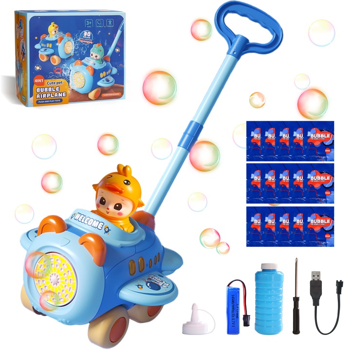 Set masina de facut bule, jucarie interactiva, design avion, 250ml lichid bule, 8.07x9.05x8.26 inch
