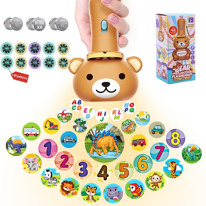 Interaktív játék gyerekeknek, 64 képet tartalmazó projektor, dinoszauruszok, állatok, járművek, ajándékszett, 3 év+