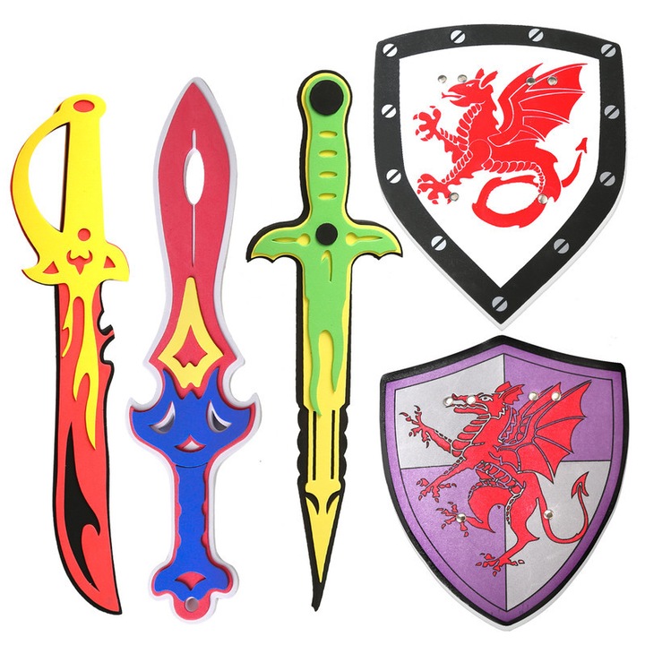 Комплект мечове и щитове от пяна за деца, аксесоари за костюми за ролеви игри, 2 меча, 2 щита, многоцветен, 40x23см