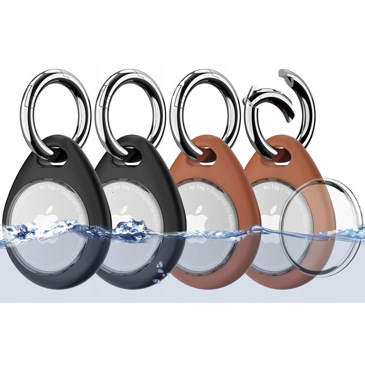 Set 4 Etui Biuupa pentru Apple AirTag, TPU, Brown + Black, cu carabiniera