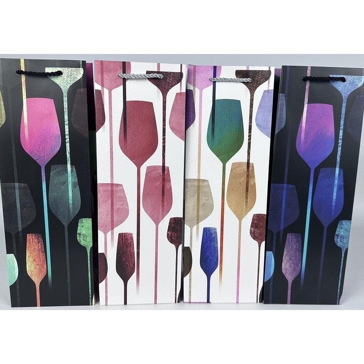 Toreba cadou pentru sticla set 4 modele, material carton 210 gr, cu manere din sfoara