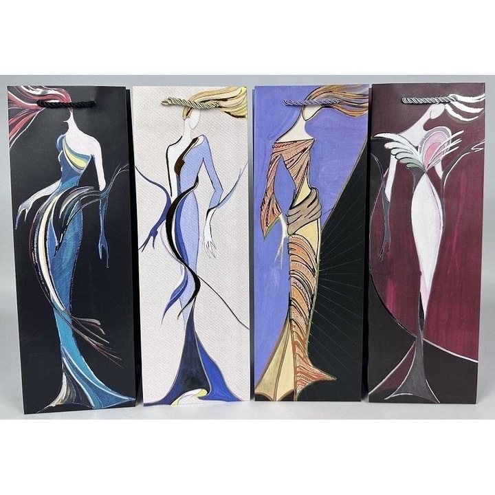 Toreba cadou pentru sticla set 4 modele, material carton 210 gr, elemente brocart, manere din sfoara