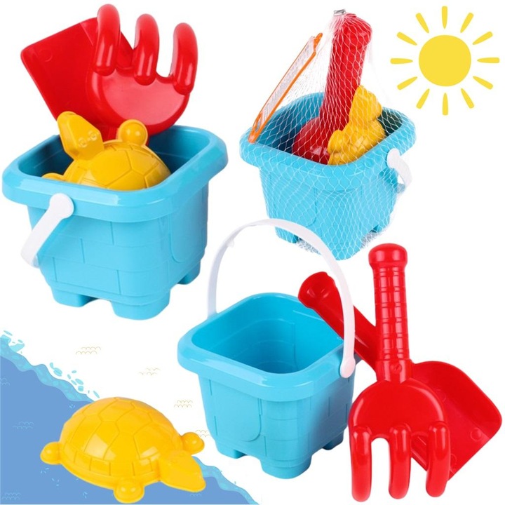 Комплект за игра в пясък, Technok, 12x11x18,5 см, включва кофа, формички и лопата, многоцветен