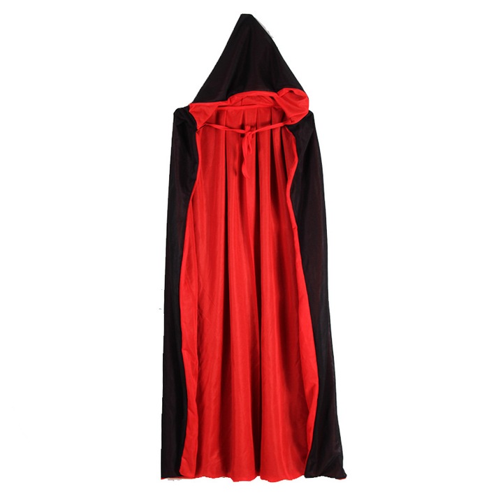 Costum de Halloween, capa cu gluga, neagra si rosie, 75cm, pentru inaltime 90-110cm