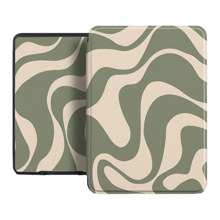 Husa pentru Kindle 2024 / Kindle 2022 11th Generation, OOGuai, 6 inch, carcasa moale, trezire automata si somn, Linii gri-verzi
