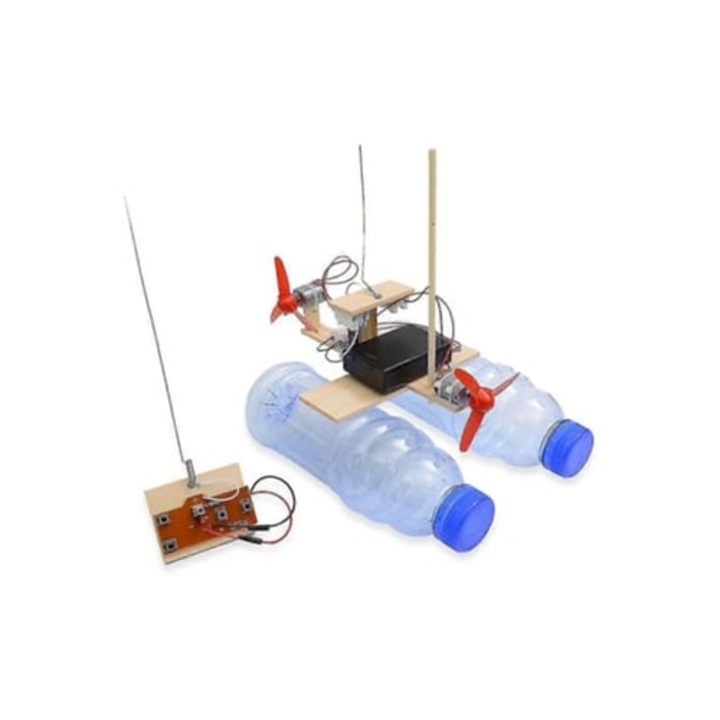 Kit barca cu telecomanda DIY, model din lemn, jucarie STEM, pentru adolescenti