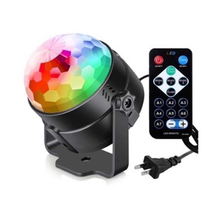 Hangvezérelt partifény, RGB diszkólámpa távirányítóval, 7 mód, világítástechnikai készlet