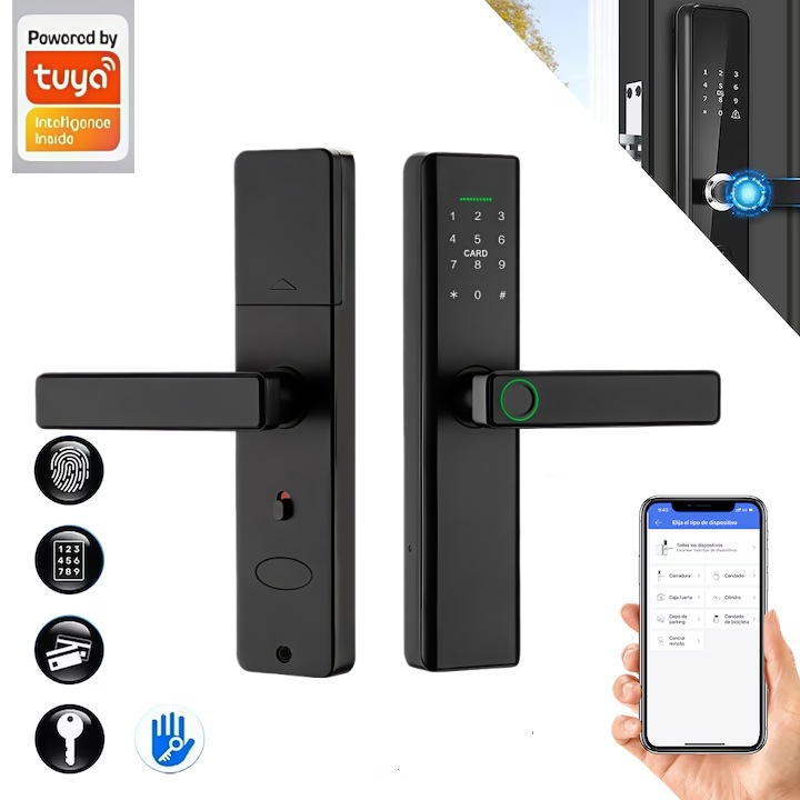 Incuietoare inteligenta fara fir, Omelivon®, telecomanda, compatibila cu aplicatia Tuya, recunoastere amprenta digitala, alarma antiefractie, acces cu card, negru, aplicatie mobila, incuietoare pentru usi interioare, birou, apartamente de hotel