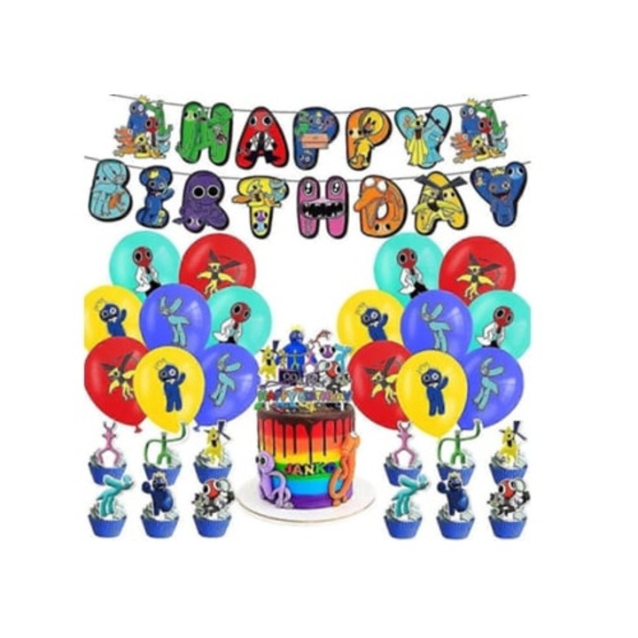 Set decoratiuni petrecere copii Roblox Rainbow Friends 2, baloane, suporturi pentru tort, cupcakes