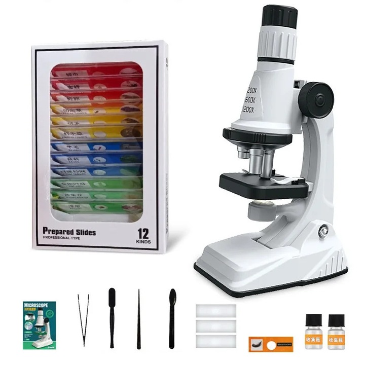 Set Microscop pentru Copii 200x 600x 1200x, Jucarie Educationala Biologica, cu Lumina LED