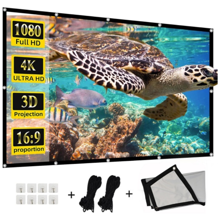 Ecran de proiectie 100 inch 16:9 textil, Excitat®, Ecran metalic anti-reflexie, portabil, Pliabil, montare perete/tavan, Instalare usoara, telecomanda, 221x125cm, pentru videoproiector, Gri