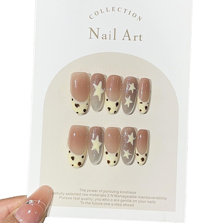 Unghii False Presate, Set de Unghii False Artizanale Presate - Kit de Manichiura Reutilizabil, Manual Realizat cu Design Sclipitor, Marime Petite 0.8-1.3cm, XS, "Galaxie Galbena Crem"