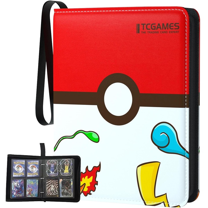 Pokemon kártya album, 4 rekeszes, 400 férőhelyes, 50 oldal, 24x18x5cm, többszínű, kopásálló, vízálló, D