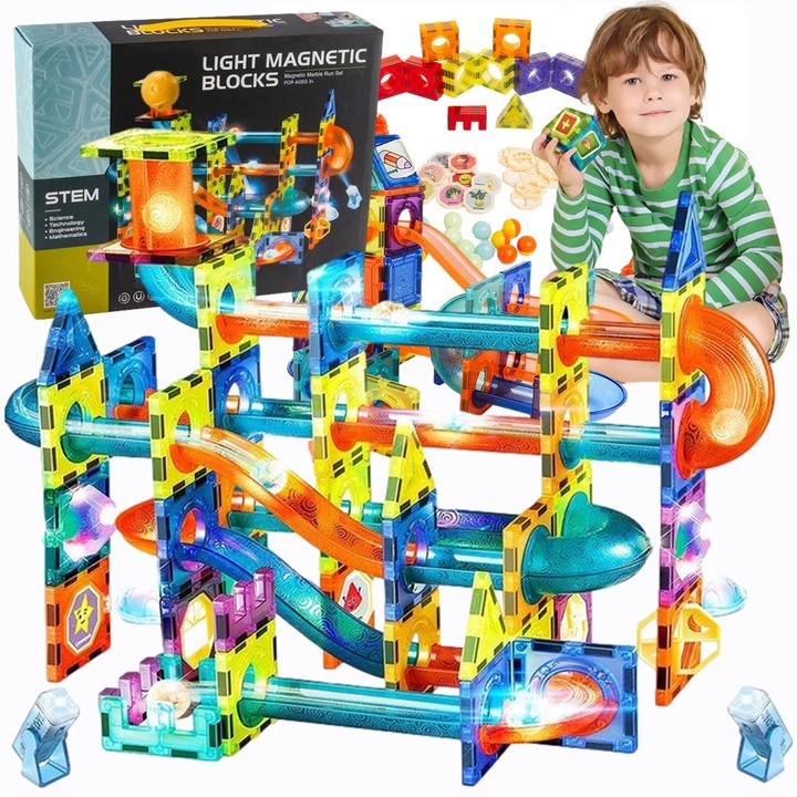 Mágneses Építőjáték Készlet 3D, 110 darabos, fényes STEM oktatójátékok, Erős Mágnesek, Golyópálya, Számos Építési Lehetőség, Oktató és Kreatív, 3 év+