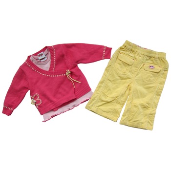 Set 3 piese fete Primii Pasi, pulover, bluza si pantaloni, Multicolor Set 3 piese fete Primii Pasi, pulover, bluza si pantaloni, Multicolor