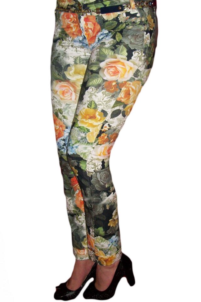 Pantaloni skinny, tineresti, cu imprimeu colorat cu flori , D&J Exclusive, Multicolor