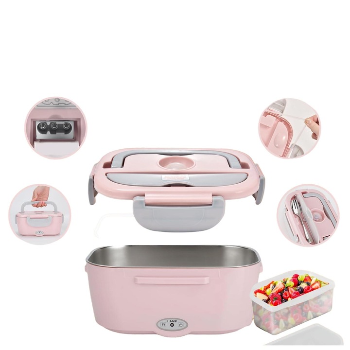 Caserola electrica TodyJeyHo, 1.2L, impermeabila, cu furculita si lingura, cu geanta izolatoare, roz