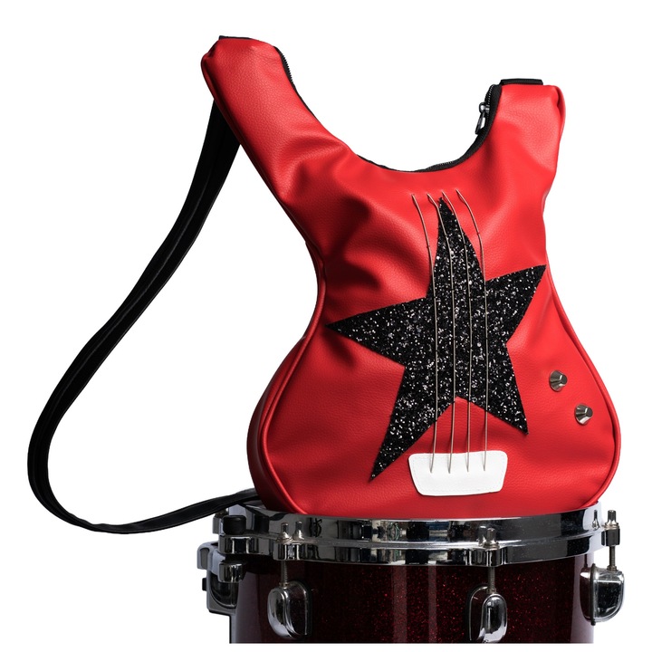 Geanta rosie in forma de chitara bass cu corzi de chitara atasate, Geanta handmade