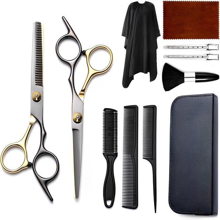 Foarfece profesionale de tuns si filat, set 11 piese, negru/auriu, design ergonomic, cu geanta de depozitare