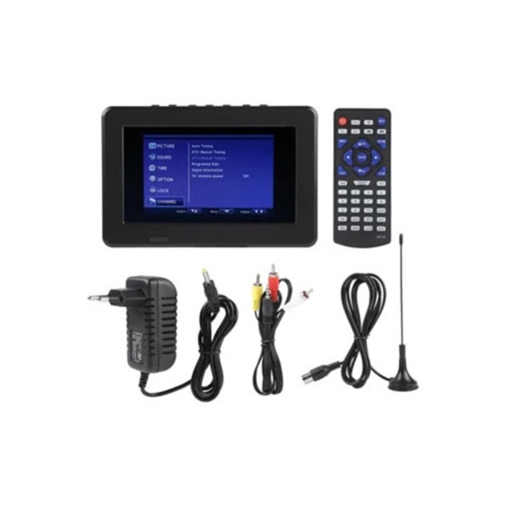 Televizor mobil digital, 7" HD, tuner ATSC ISDB, negru