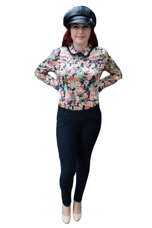 Pantaloni stretch, talie inalta si strasuri,masura mare,D&J Exclusive, Albastru marin