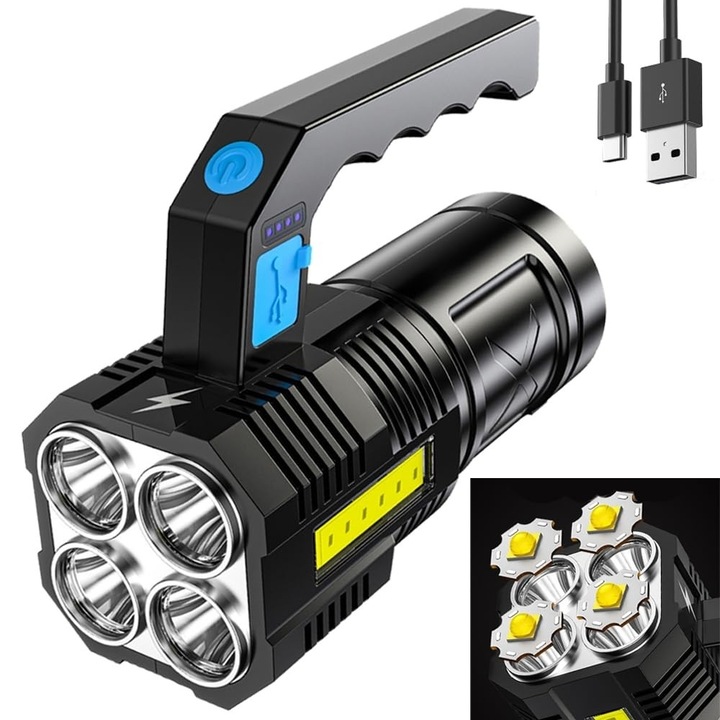 LED фенер Leccik, 10000 лумена, 4 режима, черен, 145x60 мм, презареждаем USB