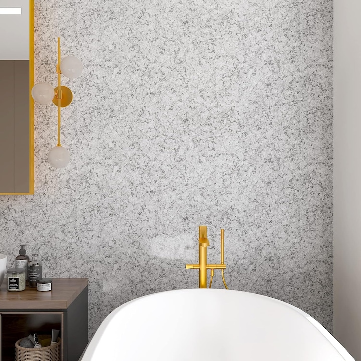 Tapet autoadeziv din PVC, aspect gri granit lucios, rezistent la apa si la ulei, adeziv puternic, usor de montat, pentru blaturi bucatarie, baie, pereti, 30 x 200 cm, nuante de argintiu