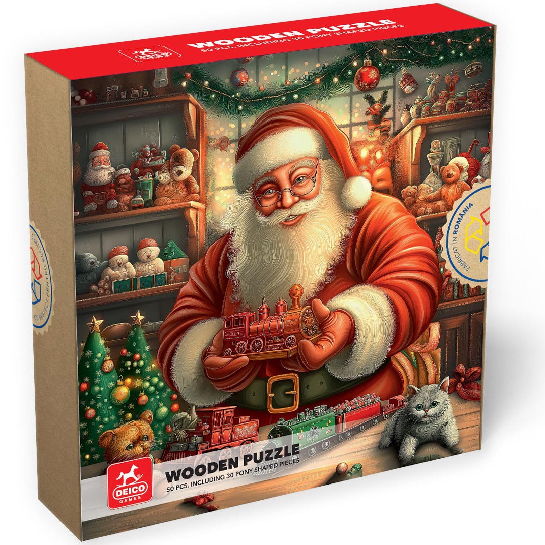 Puzzle din lemn Deico Games - Atelierul lui Mos Craciun, 50 piese