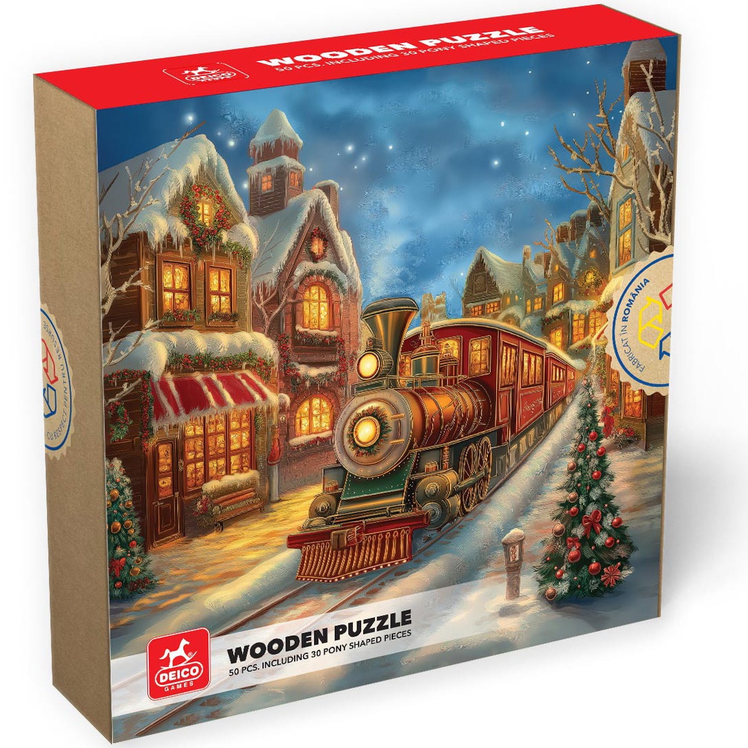 Puzzle din lemn Deico Games - Trenul lui Mos Craciun, 50 piese