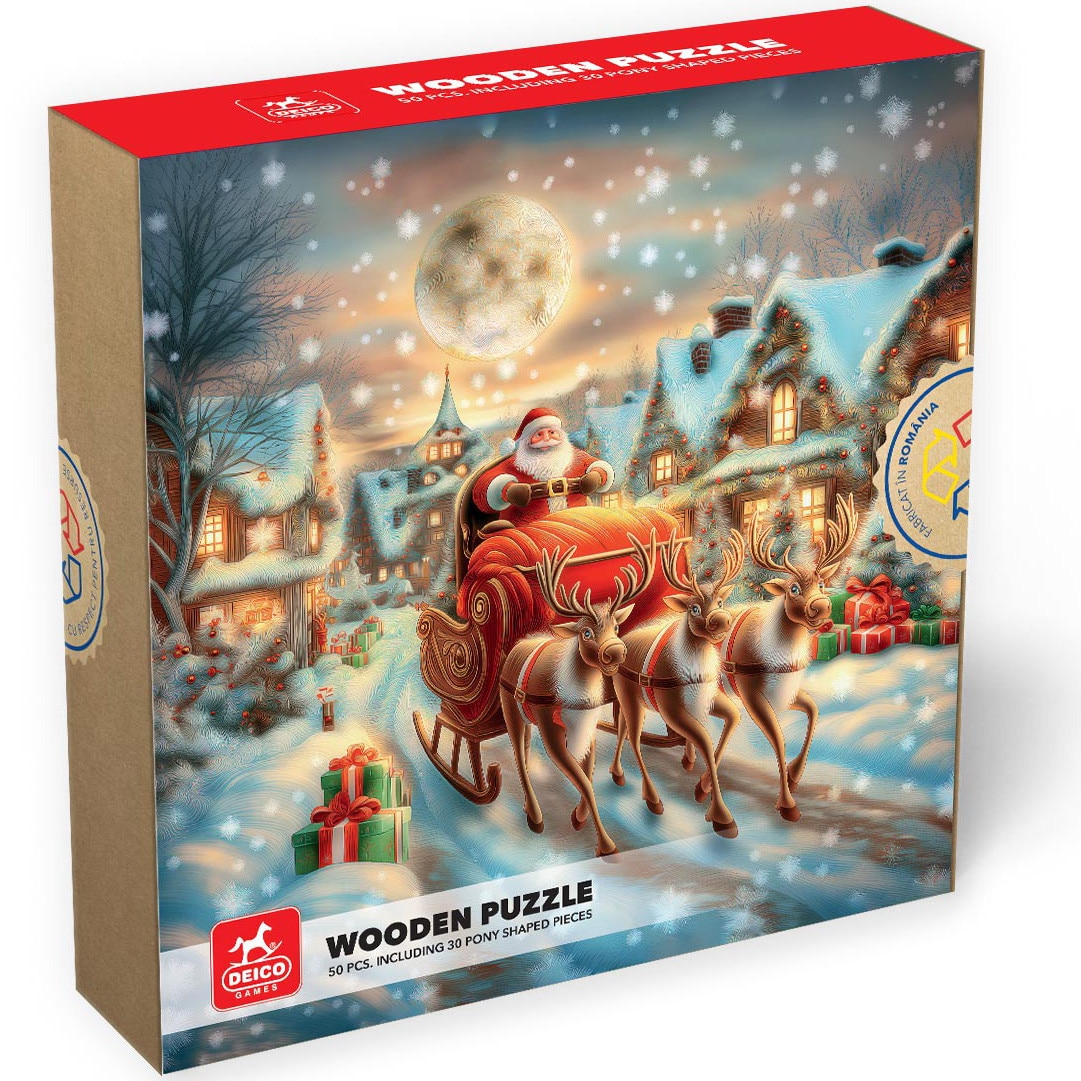 Puzzle din lemn Deico Games - Sania lui Mos Craciun, 50 piese