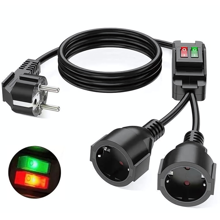 Hosszabbító Ultrixe, Kapcsolóval, 2 Aljzat, Vízálló, 250V, 4000W, 16A, Fekete, 2m