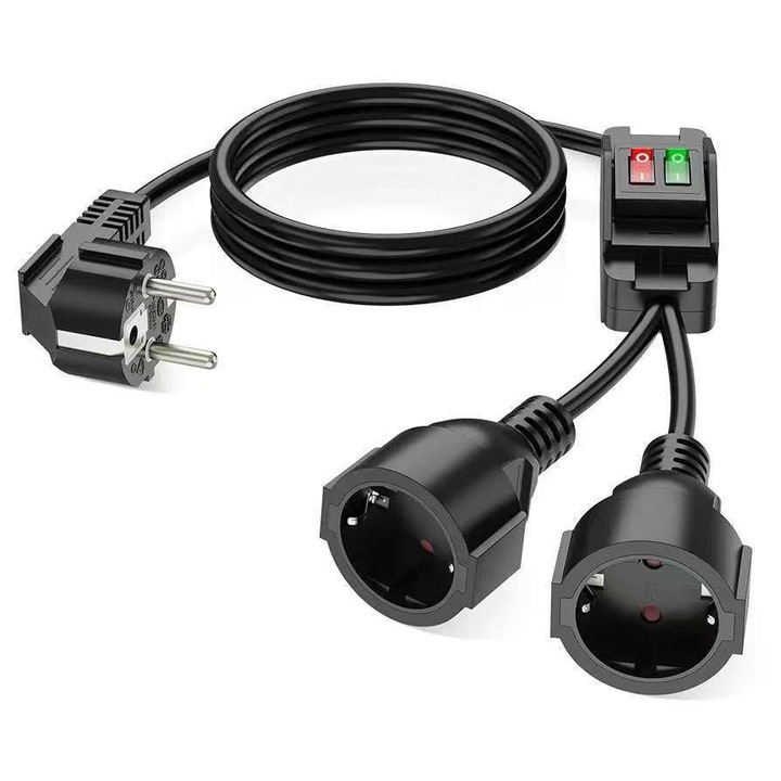 Удължител Ultrixe с прекъсвач, 2 контакта, водоустойчив, 250V, 4000W, 16A, черен, 2м