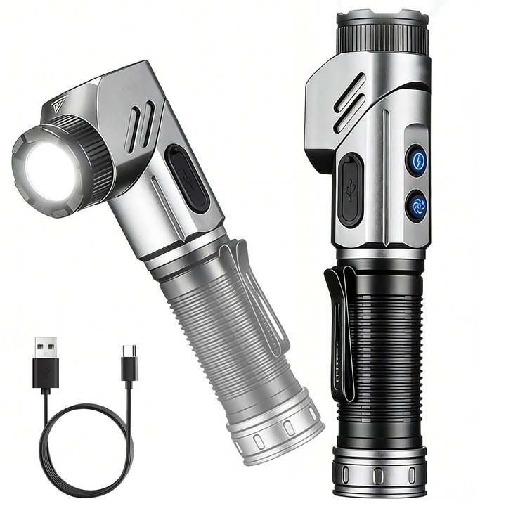 Lanterne reincarcabile, Yulinland®, 1600 lumeni, 6800mAh, 2 surse de lumina, 6 moduri, Rotire la 90°, impermeabil, cu baza magnetica, Negru
