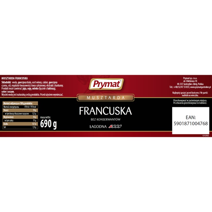 Sos mustar frantuzesc, Prymat, 690g, cu apa, otet vin, multicolor