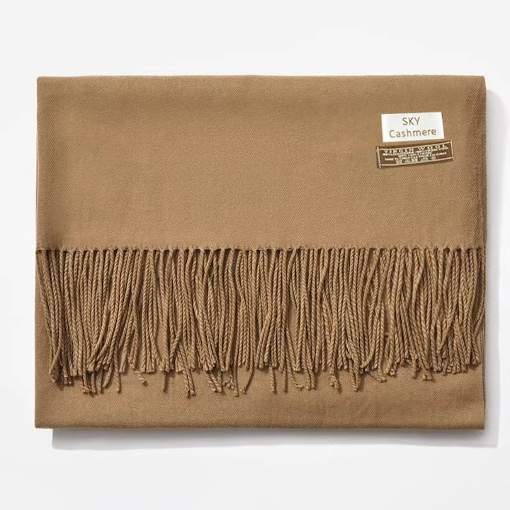 Esarfa Imitare Cashmere, Model Clasic Cu Franjuri, Grosiera Si Calda, Maro Camel, 200*70cm, 200g, Potrivita Pentru Femei Si Barbati