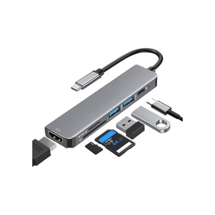 Hub 6 az 1-ben laptopokhoz, Type C-ről HDMI-re, SD/TF olvasó, Lalamoli