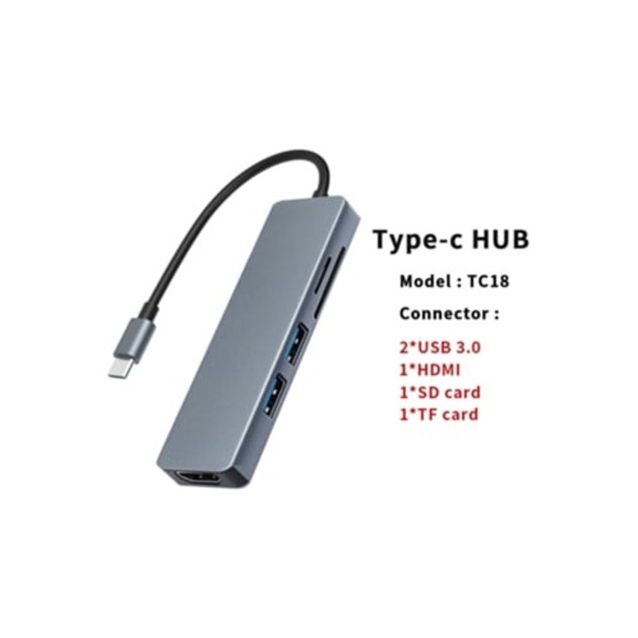 Statie de andocare 5-in-1, Hub Type-C pentru laptop, incarcare rapida, cititor carduri TF & SD, USB 3.0