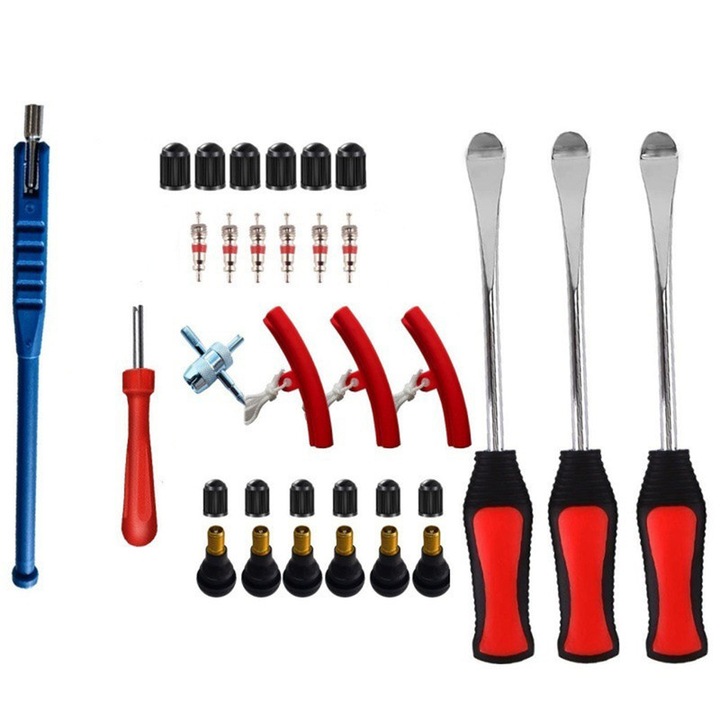 Set 27 unelte pentru demontare anvelope START MAKERS, cu 3 protectii pentru jante, pentru motociclete, biciclete, carucioare