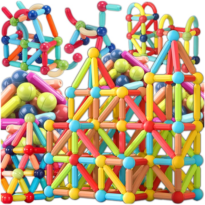KRUMAD Készlet 120 mágneses építőkocka - 3D oktatójáték gyerekeknek 3+, színes, biztonságos és tartós mágneses építőkockák, fejleszti a kreativitást és a képzelőerőt